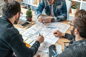 Collaborative Team Review Over Architectural Plans for Office Design Project
