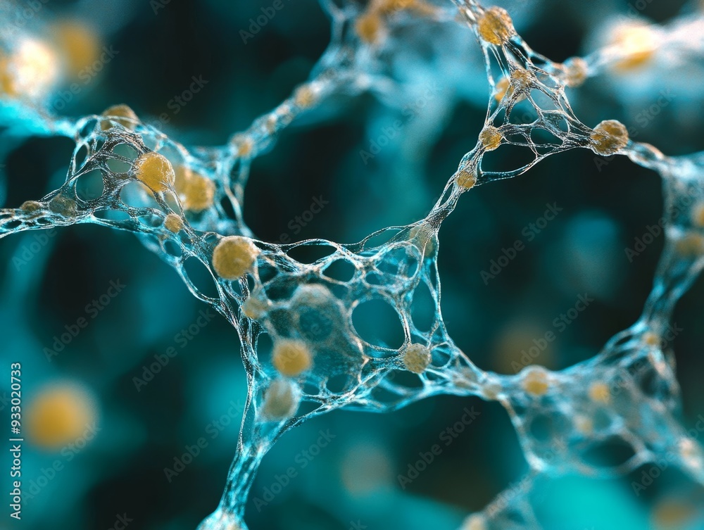 Poster photography concept neural network visualization showing interconnected cells with links