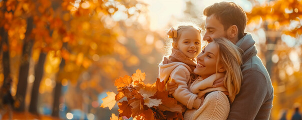 A joyful family holds vibrant autumn leaves, smiling together in a sunlit park surrounded by warm fall colors.