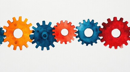 Vibrant Labor Day icon depicting gears and cogs in a watercolor painting style with a patriotic flag motif set against a clean white background  This design symbolizes the hard work industry