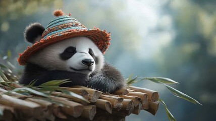 A panda with a colorful hat munching on bamboo shoots in a forest clearing.