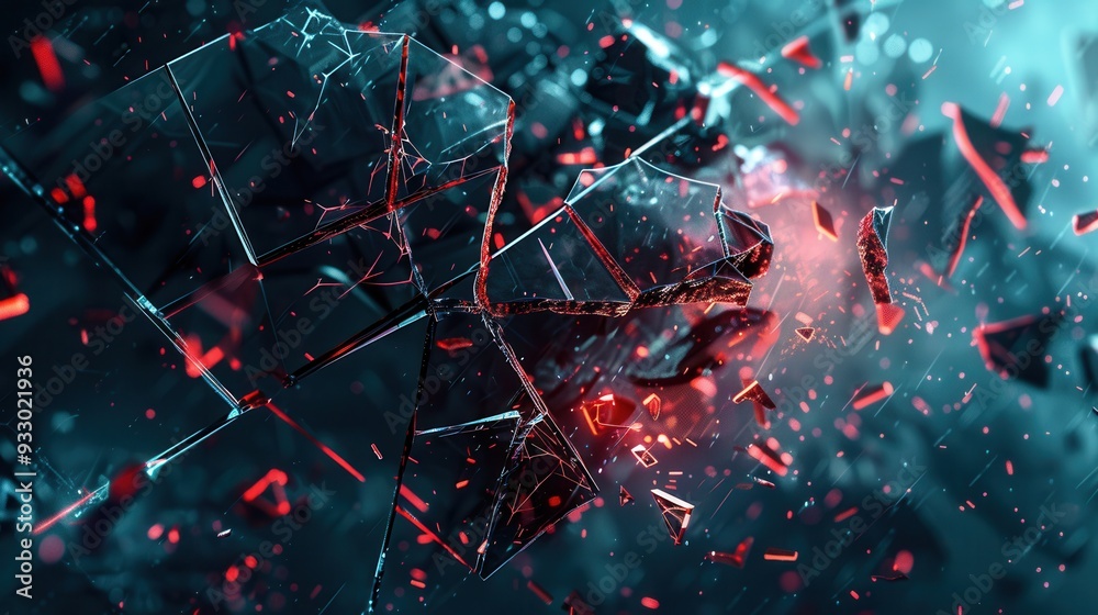 Fototapete a hacker breaks through a digital shield, scattering fragments during a cybersecurity attack focused