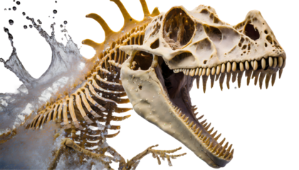 Dinosaur skeleton Splash on a white isolated background. Generative AI.