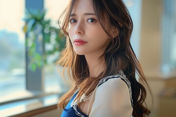 Fototapeta premium 青レースのワンピースを着ている美人な女性 ポートレート