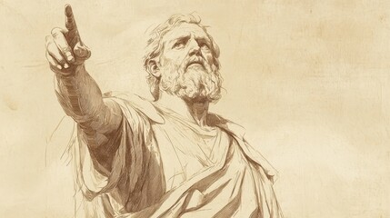 Fototapeta premium Biblical Illustration of Psalms 10: David Calling Upon God to Arise and Lift His Hand Against the Wicked, Who Think They Are Untouchable on Beige Background