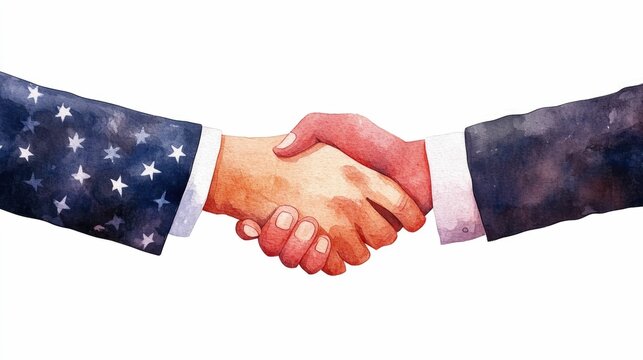 A watercolor style Labor Day icon depicting a handshake with stars and stripes symbolizing the patriotism of the American workforce on this national holiday
