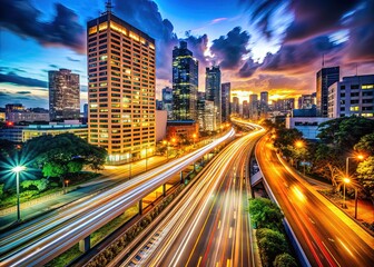 Obraz premium Vibrant city nightscape pulsed with warm hues as motion blur and light trails danced across urban landscapes, fostering a dynamic atmosphere that was at once alive and electric.