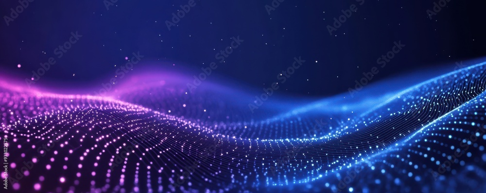 Poster abstract digital landscape with blue gradient background and glowing white lines creating a futurist