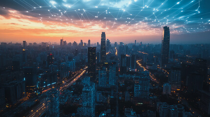 Fototapeta premium Smart digital Innovation city with connection network reciprocity over the cityscape. of future smart wireless digital city and social media networking systems that connects people with in city