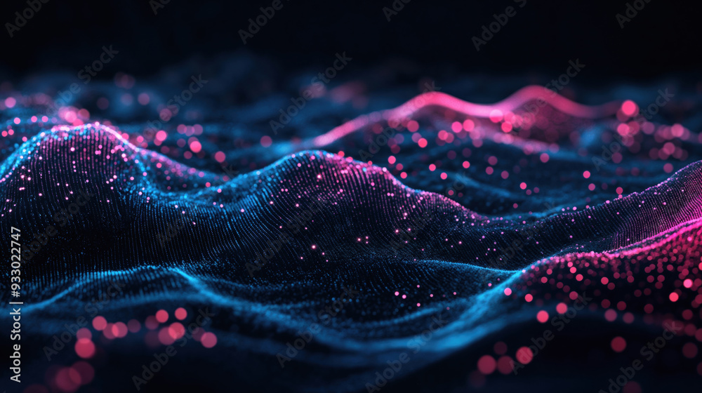 Poster abstract blue and pink particles wave forming futuristic digital landscape. futuristic technology an