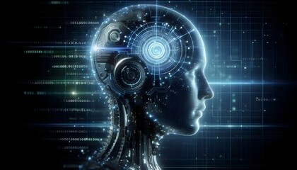 Side profile of a futuristic artificial intelligence computer head with glowing lines and data