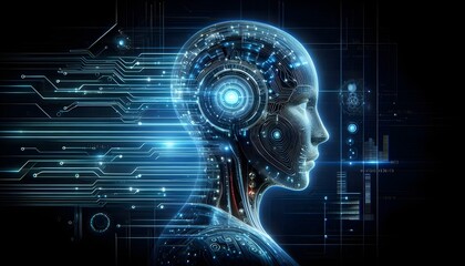 Side profile of a futuristic artificial intelligence computer head with glowing lines and data