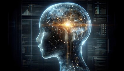 Side profile of a futuristic artificial intelligence computer head with glowing lines and data