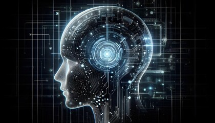 Side profile of a futuristic artificial intelligence computer head with glowing lines and data