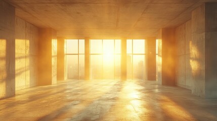 A sunlit empty room with concrete walls and large windows.