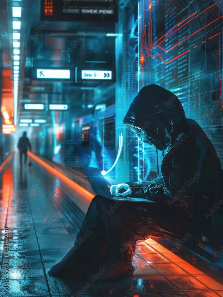 Poster a person wearing a hood works on a laptop in a dimly lit metro station, highlighting the dangers of 