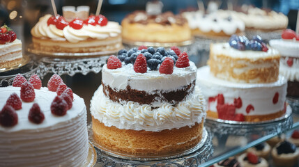 “A pastry shop display window featuring a variety of cakes. The display showcases an assortment of beautifully decorated cakes, each with unique designs and flavors, attracting attention and enticing 