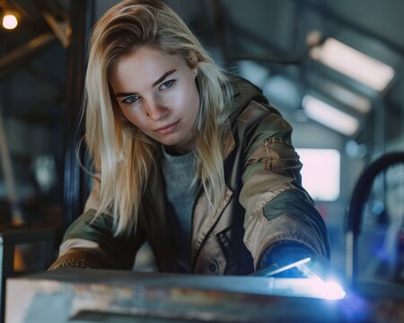 Blonde female welder in workshop operating welding machine with protective gear and mask