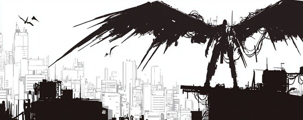 Obraz premium A striking silhouette of a winged figure atop a cityscape, evoking themes of freedom, power, and urban mystery.