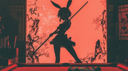 Obraz premium A striking silhouette of a rabbit-eared character, poised with a cue stick against a vibrant red background, showcasing dramatic artistry.