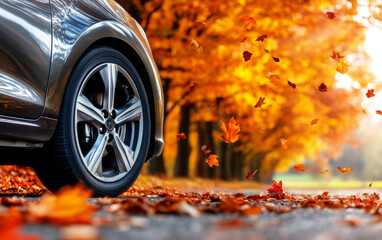 Autumn leaves falling on the car's wheels during the fall season in a forest