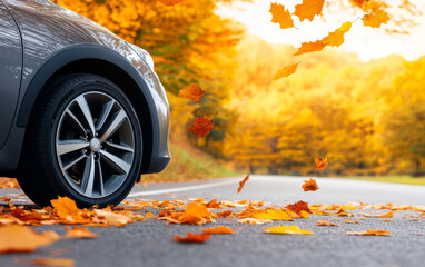 Autumn leaves falling on the car's wheels during the fall season in a forest