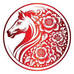 Year of the horse zodiac Round sign or symbol. hand drawn of horse and floral vector illustration. Translation : Horse