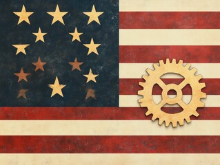 Patriotic Labor Day Icon Featuring Intricately Designed Watercolor Gears and Cogs on a Vibrant White Background Symbolizing American Industrial Strength and Innovation