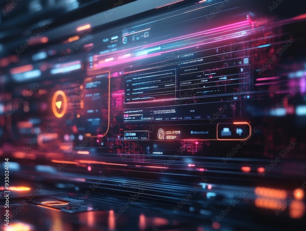 Poster futuristic 3d search engine interface with floating holographic search bars representing the concept