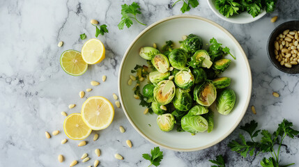 A vibrant salad featuring sauted Brussels sprouts, fresh lemon, and toasted pine nuts, garnished with parsley