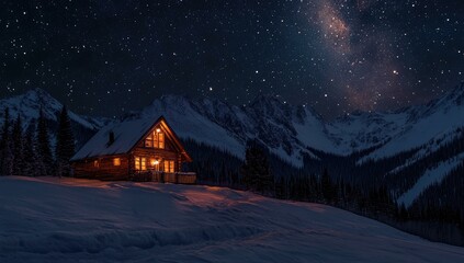 Snowy mountains, starry night, cabin lit up.