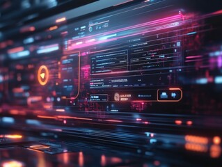 Obraz premium Futuristic 3D search engine interface with floating holographic search bars representing the concept of advanced interactive web browsing in a digital virtual space The image showcases a modern