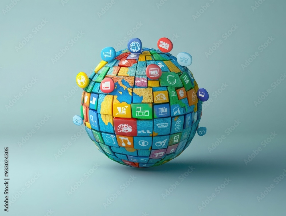 Poster 3d rendering of a globe with search engine icons orbiting around it symbolizing global internet conn