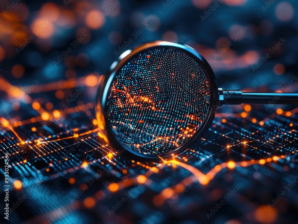 Poster a 3d magnifying glass hovering over a digital network revealing hidden data and symbolizing the prec