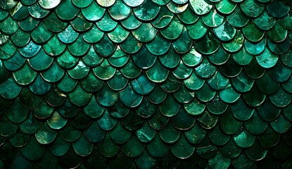 A pattern of emerald green dragon scales, with each scale made from tiny glass pieces, reflecting light and creating an intricate mosaic effect