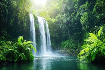 A majestic waterfall cascades down a lush, green forest. Ideal for travel, nature, or serenity themes.