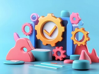 3D abstract search engine icon with floating gears symbolizing the mechanics and algorithms behind digital search and data processing  Futuristic minimal and creative design concept for technology