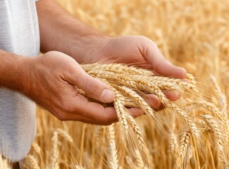 Close-up of a farmer's hands holding wheat ears in a golden field