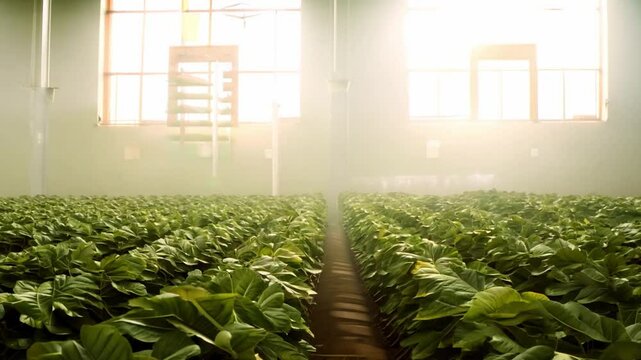The Green plants are growing in sunlight within a spacious greenhouse.
