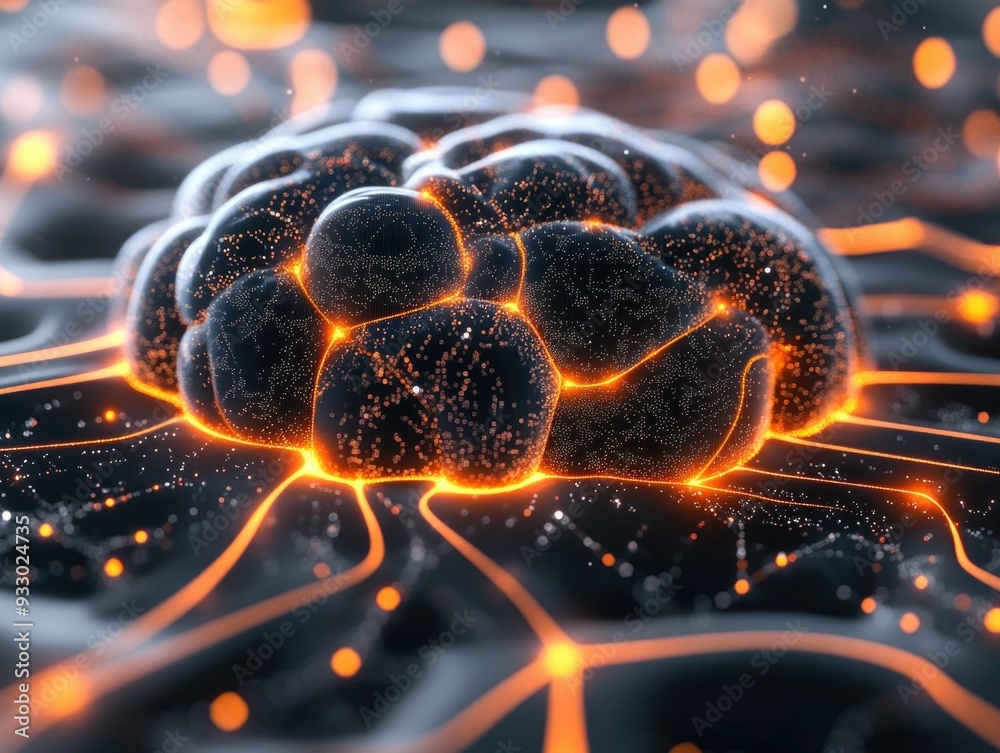 Poster a 3d digital brain visualization with interconnected nodes each representing a search result