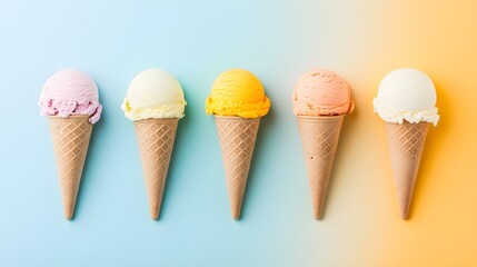 Vibrant ice cream treats, rainbow colors, playful design, wide frame