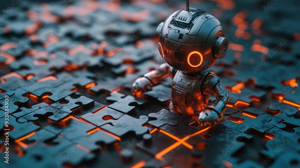 Poster 3d search engine robot piecing together a digital puzzle symbolizing the assembly and visualization 