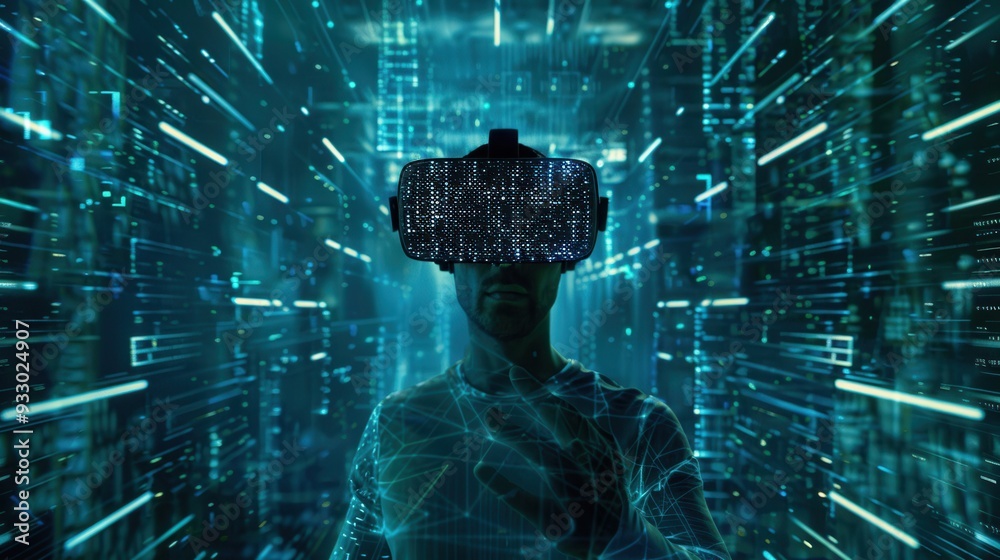 Poster a hacker navigates a digital landscape filled with floating locks and codes using a virtual reality 