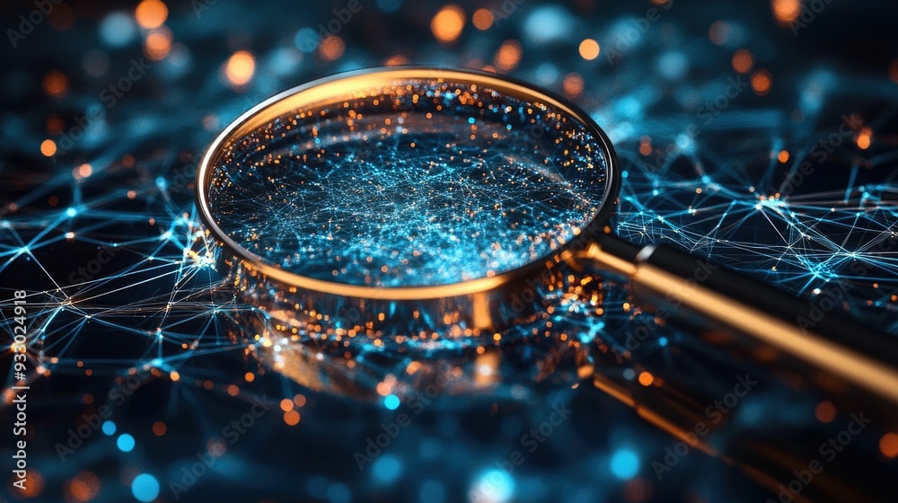Poster detailed 3d rendering of a magnifying glass zooming in on a complex digital network representing the