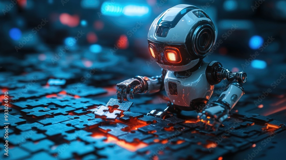 Poster futuristic 3d search engine robot piecing together a digital puzzle symbolizing the assembly and org