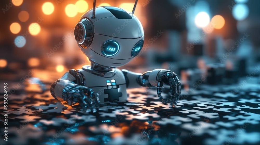 Poster a 3d search engine robot piecing together a digital puzzle symbolizing the assembly of search result