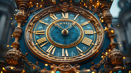Obraz premium Ornate Clock Face with Gold Roman Numerals and Blue Background - Illustration