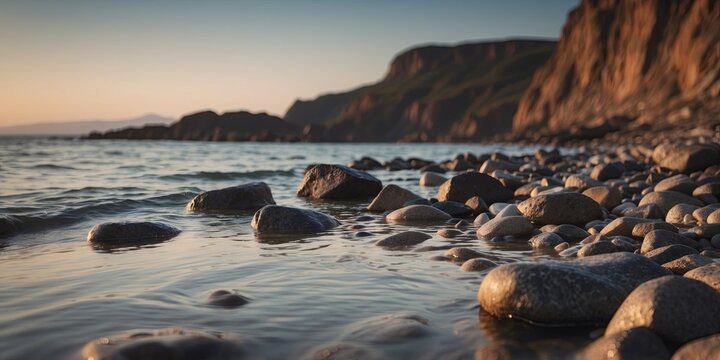 Coastal landscape with rocky shores, calm waters, and distant horizon.