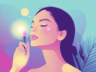 Obraz premium Elegant Glow Applying Highlighter for a Radiant Luminous Complexion in a Flat Design Skincare and Beauty Cosmetic Product and Tool Concept