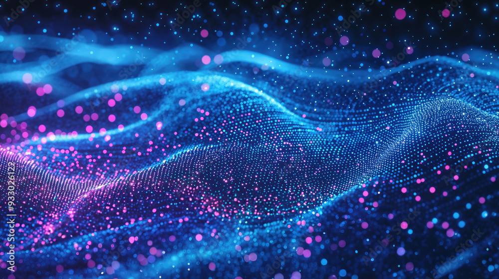 Poster abstract blue and pink particles wave forming futuristic digital landscape. futuristic technology an